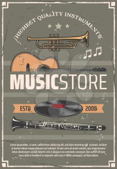 Music store retro vector poster, musical wind and string instruments, old vinyl discs. Trumpet and acoustic guitar, flute and note vintage design. Shop for musicians, musical devices