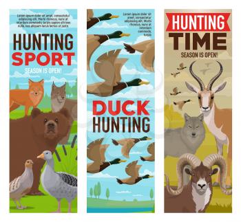 Hunting sport banners, vector wild animals and birds. Bear and fox, lynx and goose or grouse, duck birds and wolf, goat and antelope. Shooting outdoor activity on nature with weapon