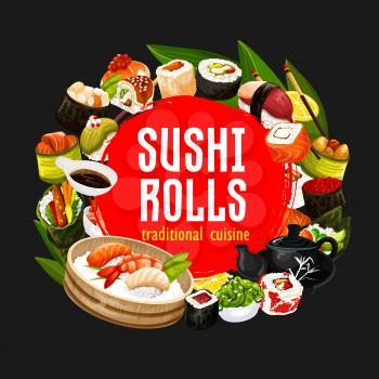 Japanese sushi and rolls, restaurant banner of japanese cuisine. Vector seafood, perch and salmon sashimi, eel unagi maki with chopsticks, soy and wasabi sauce. Shrimp tempura and teapot with cups