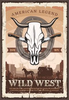 American wild west retro poster with bull skull, knives and lasso rope. Vintage carriage with horse in desert among cactus silhouettes, retro vector design. History and legends of America