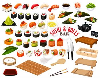 Sushi and rolls from Japanese cuisine, vector. Salmon and perch, tuna and caviar, wasabi and soy sauce, avocado and ginger, chopsticks and tray. Raw seafood ingredients with rice and seaweed