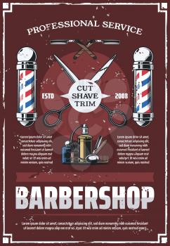 Male salon barbershop vector retro poster with tools to trim, shave and cut. Scissors and cologne perfume, razor and shaving brush, haircut and beard styling. Hipster barber service, vintage design