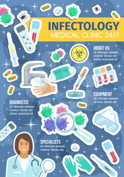 Infectiology clinic, infection viruses diagnostic and treatment. Vector virologist doctor, tests, vaccine and beakers for viruses. Bacteria, germs and microbes of infectious disease, goggles and mask