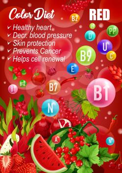 Detox color diet poster, red fruits and vegetables or berry day. Vector vatermelon and tomato, chili pepper and pomegranate, strawberry and marakuya. Proper nutrition of vitamins, vegetarian menu