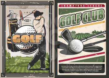 Golf club vintage posters, sport game with professional golfer. Vector sportsman with stick hits ball on green course, sport bag with clubs. Sporting competition or tournament announcement, vector