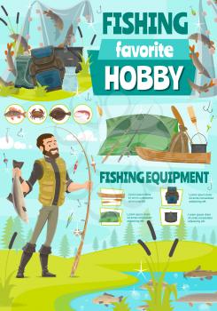 Fishing sport, vector. Fisher fishing with rod at river or lake shore. Cartoon vector man in rubber boots near tent camp with pike and salmon, trout and perch, catfish and herring vector
