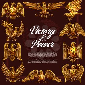Eagle or hawk as heraldic symbol of victory and power in frame. Golden vector mascot and legendary beast or creature symbolizing strength and nobility. Mythical birds with golden plumage