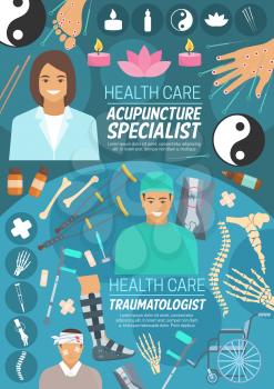 Orthopedics and acupuncture medicine, vector. Doctors, human organs, essential oil and candles, skeleton and crutches, X-ray and wheelchair, bandage and patient. Alternative medicine and medical tools
