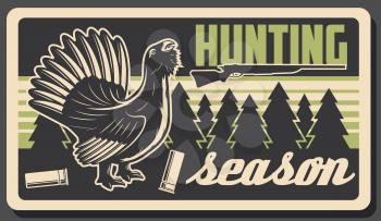 Hunting sport open season, wild wood grouse or capercaillie bird. Vector vintage design of hunting bird. Hunt adventure and open season trophy, outdoor activity