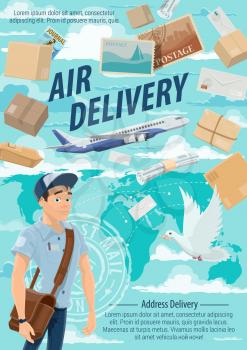 Post mail air delivery, postage logistics. Vector postman or mailman delivering letters, envelopes and parcels. Airplane or liner, postal dove and postcard, world map silhouette