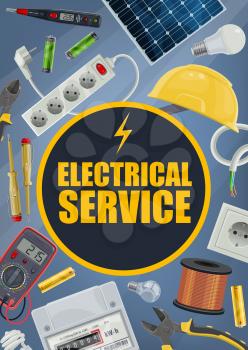 Electrician service, electrical equipment and tools. Vector plug and socket, helmet and solar battery, wire coil and voltmeter, screwdriver and pliers, light bulbs. Electric wiring repair