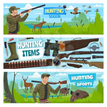 Hunter club open season, hunt animals and birds banners. Vector hunter with ammo equipment, rifle gun and bullets on cartridge belt or bandolier, wild boar, deer or ducks and hunting dog