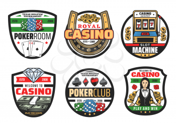 Casino icons, gamble game poker cards and dices. Vector casino symbols, golden horseshoe and croupier, dollars cash win jackpot, wheel of fortune playing token chips and gold coin