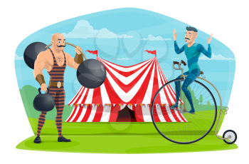 Circus performers muscleman and equilibrist show. Vector big top circus marquee tent, acrobat on unicycle and strong man with dumbbells and barbell