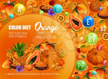 Color diet healthy nutrition, orange food vitamins and minerals. Vector natural organic fruits, berries and spices of orange color diet for cancer prevention, skin protection and antioxidants