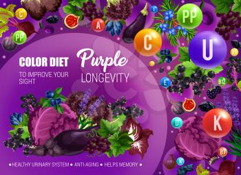 Color diet healthy nutrition, purple food vitamins and minerals. Vector natural organic fruits, berries and vegetables of purple color diet for sight improvement, anti-aging and urinary health