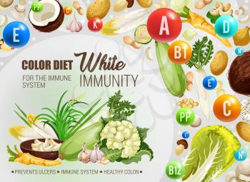 Color diet healthy nutrition, white food vitamins and minerals. Vector natural organic fruits, nuts, vegetables and salads of white color diet for immune system, ulcers prevention and healthy colon