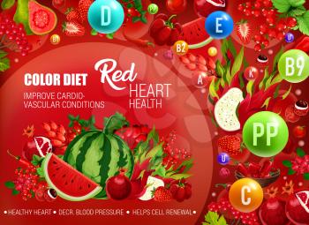 Color diet healthy nutrition, red food vitamins and minerals. Vector natural organic fruits, berries and vegetables of red color diet for heart cardiovascular health and cells renewal