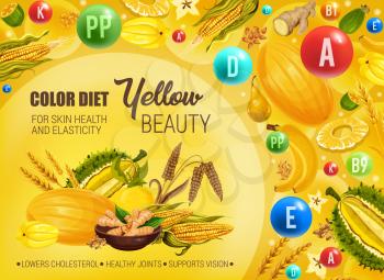Color diet healthy nutrition, yellow food vitamins and minerals. Vector natural organic fruits, cereals and spices of yellow color diet for skin beauty, low cholesterol and healthy joints