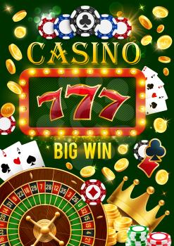 Casino wheel of fortune, poker cards and lucky seven jackpot win. Vector gamble game roulette, dice and poker token chips with golden coins splash in casino retro light bulb signage