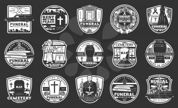 Funeral service agency and cremation burial icons. Vector columbarium urn, RIP ribbon and cross at tombstone, funeral wreath and hearth catafalque car with coffin and flowers bunch