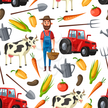 Farming and agriculture seamless pattern. Vector background of farmer agronomist, cattle farm cow or harvesting tractor and corn or carrot vegetables harvest and farm pitchfork pattern