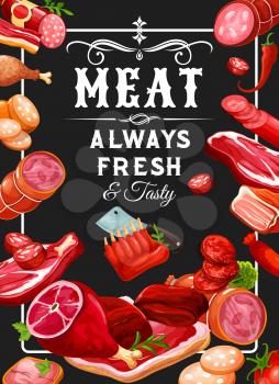 Butchery meat and grocery sausages, meaty products. Vector smoked veal, mutton ribs or butcher shop gourmet gastronomy pork ham and beef steak, meat brisket and chicken leg or liver and chorizo