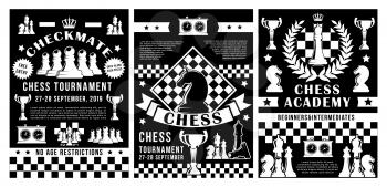 Chess sport tournament, academy or club championship cup posters. Vector chess pieces in checkmate strategy on chessboard with game score clock and royal crown or victory laurel