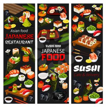 Japanese sushi restaurant and Asian cafe delivery menu. Vector Japan cuisine bar sushi and maki rolls, wasabi, ginger and soy sauce, rice with chopsticks and tea pot with cups and salmon sashimi