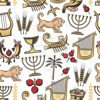 Israel seamless pattern of traditional Jewish symbols. Vector background of Hanukah Menorah candles, cornucopia with pomegranate and Judah lion, harp music instrument and Hebrew ship pattern