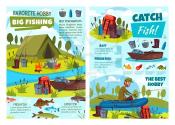 Fishing at lake, fisher tackles and lures or fish catch equipment. Vector fishing hobby adventure at river, fisherman in rubber boat with rod, net and camping tent, waders and bowler