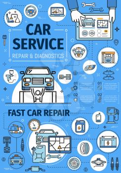 Auto diagnostic and repair service center. Vector thin line poster, transport tow truck, tire fitting and oil change service station, automobile washing and engine restoration garage