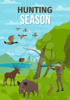 Hunting club open season, Hunter with rifle on forest hunt for wild animals. Vector hunt prey trophy bear, elk or boar and hare with ducks fowl, hunter bullet cartridge belt bandolier, ammo equipment