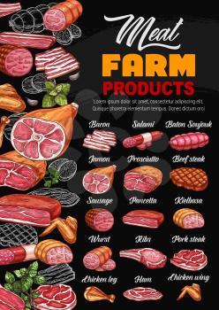 Butcher shop meat and sausages menu price. Vector farm butchery bacon, salami sausage and soujouk baton, jamon or prosciutto and beef steak, mutton ribs and gourmet smoked pork ham