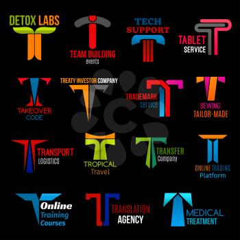 Corporate identity letter T icons, corporate business identity and company brand symbols. Vector T team building agency, tailor shop or travel and translation service, medical clinic and detox lab