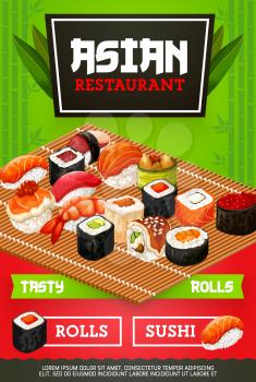 Japanese sushi bar menu cover with maki rolls, wasabi or ginger and chopsticks. Japan Asian cuisine restaurant and cafe delivery, salmon or squid and gunkan or hosomaki seafood sushi