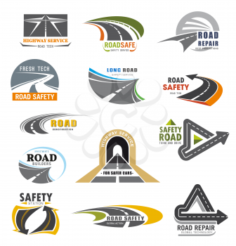 Roads construction company and transport communications safety service icons. Vector highway repair service, car and motor road or vehicle tunnels building global construction alliance