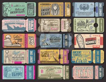 Ancient Egypt culture tickets to museum, antiquity shop or exhibitions. Vector vintage tickets with Egypt sphinx sightseeing, Giza pyramids tour or Pharaoh mummy history attractions travel trips