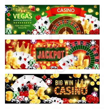 Casino gambling games, wheel of fortune roulette, poker dices and playing cards. Vector casino banners with gold coins big win cash splash, victory golden crown and poker joker cards