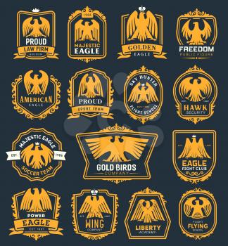 Heraldic golden eagle icons, heraldry hawk bird with crown and ribbon badges. Vector premium fight club, soccer sport team or liberty academy and law firm or flying school corporate identity symbols