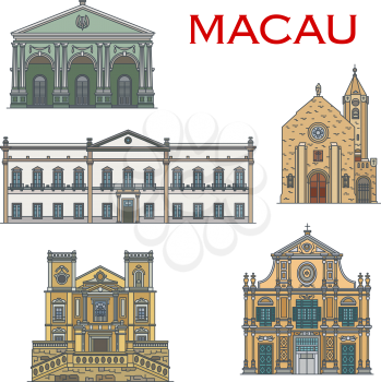 Macau architecture and famous Portuguese heritage landmark buildings. Macao Penha Chapel, Saint Lawrence and St Dominic church, Dom Pedro Theater and Leal Senado senate building vector icons