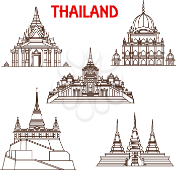 Thailand Buddhist temples architecture vector landmark icons. Thin line facades of Golden Buddha Wat Traimit, Saket Mount or Pho and Sikh temple or Lak mueang shrine in Bangkok