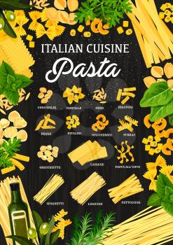 Italian pasta restaurant menu, traditional Italy cuisine. Vector pasta of conchiglieand lasagna, farfalle or orzo and rigatoni, penne with ditalini or fusilli maccheroni and linguine spaghetti