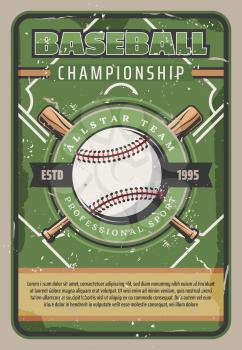 Baseball sport league and championship retro poster. Vector vintage baseball ball with crossed bats on green field, college and university team tournament