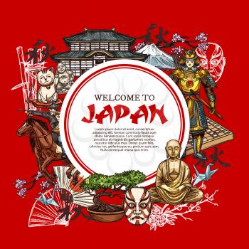 Japan sketch poster of Japanese traditional symbols and famous culture items. Vector samurai warrior, Fuji mount and pagoda temple with sakura cherry blossom, Buddha or bonsai and origami hieroglyph