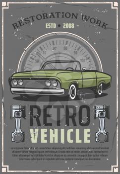 Retro vehicles service center and vintage car restoration garage poster. Vector design of collector cabriolet automobile with engine pistons for diagnostic and repair station
