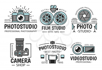 Photographer school or film studio icons. Vector symbols of retro video camera with film reels, digital photocamera and flash for professional photography salon and cinematography