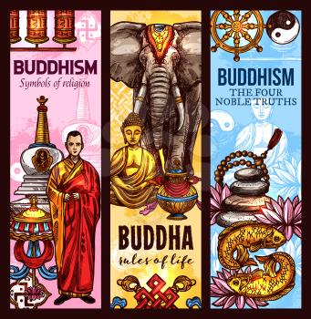 Buddhism religious symbols and sacred culture sketch banners. Vector Dharma wheel, golden Buddha or monk statue and white elephant, Zen meditation lotus flower with stupa shrine for Buddhist worship