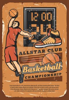 Basketball club poster for college league championship or university players tournament match. Vector retro grunge design of basketball player with goal scoreboard and sneakers