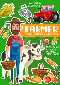Farmer agriculture and cattle farm poster. Vector cartoon man with organic vegetables harvest in basket, cow and tractor with planting and gardening tools